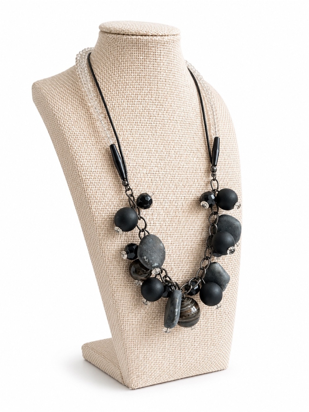 Double Strand Gray Black Beaded Statement Necklace Modern Artisan Boho Chic - Picture 2 of 7